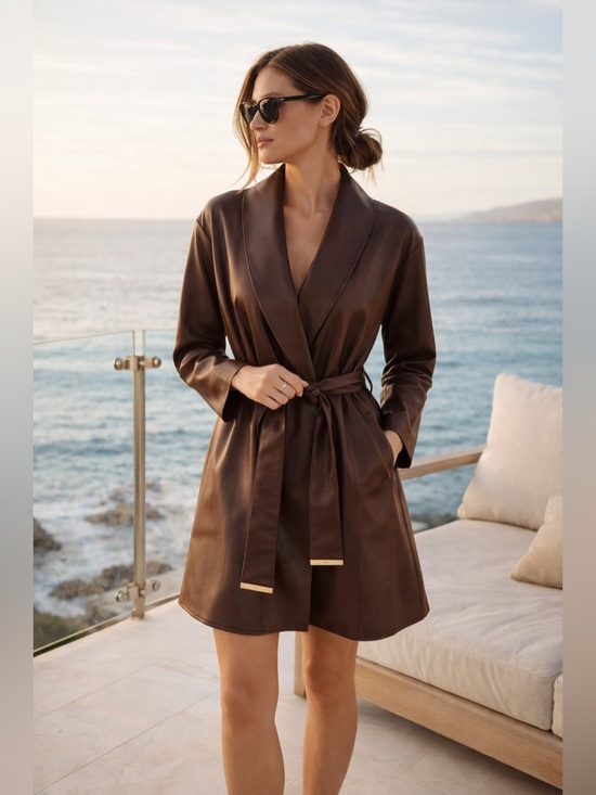 Kenneth Cole New York Jackets & Blazers - Kenneth Cole Vegan Leather Belted Trench Coat Brown Luxe Minimalist Jacket Sz L